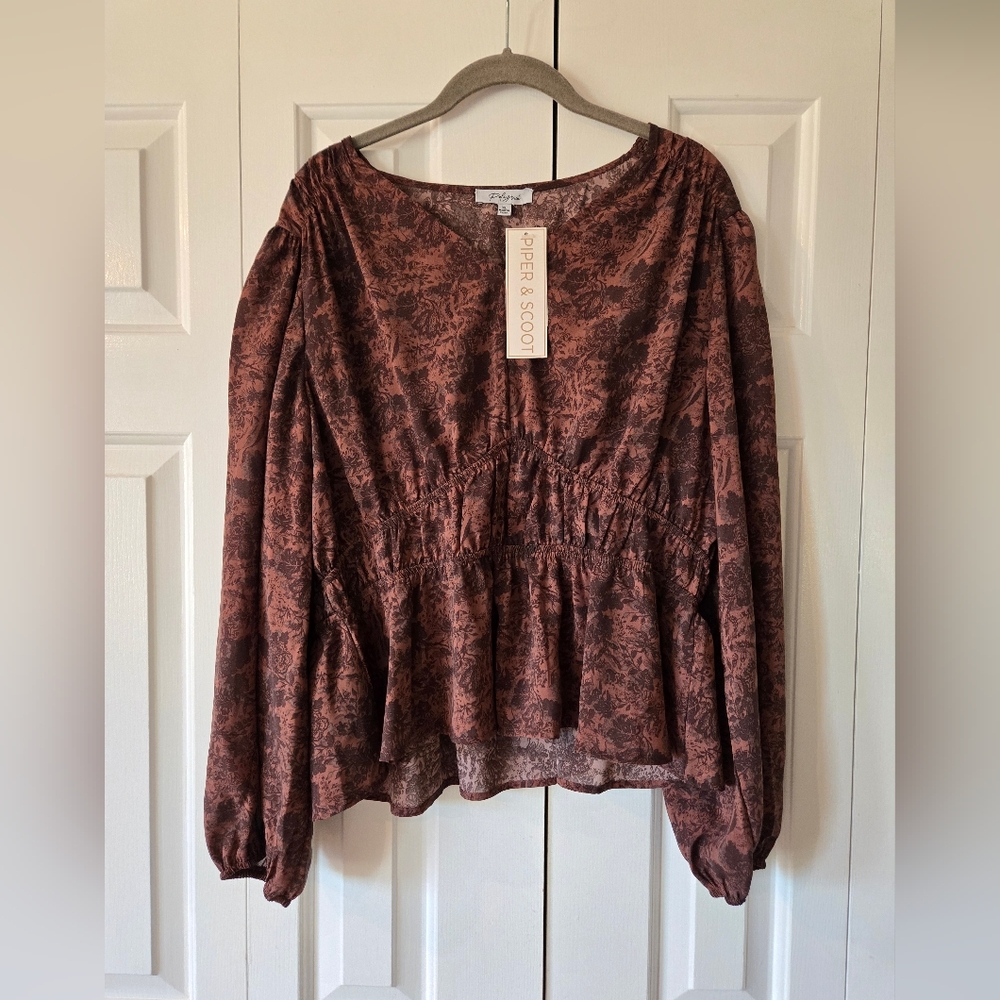 NWT The Elcina Patterned V-Neck Blouse in Mahogany Multi Size 1XL